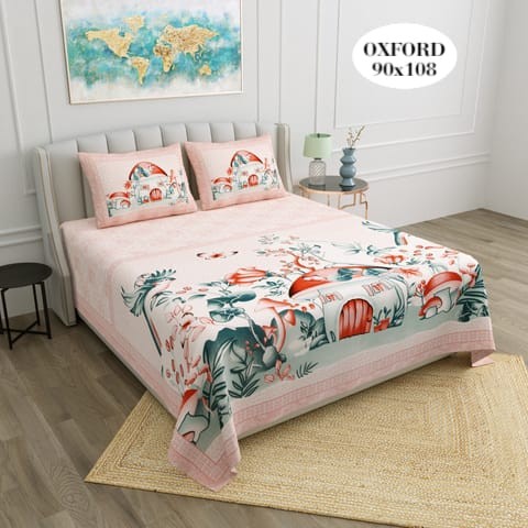 Double Bed Pure Cotton Panel Print Bedsheet Set
