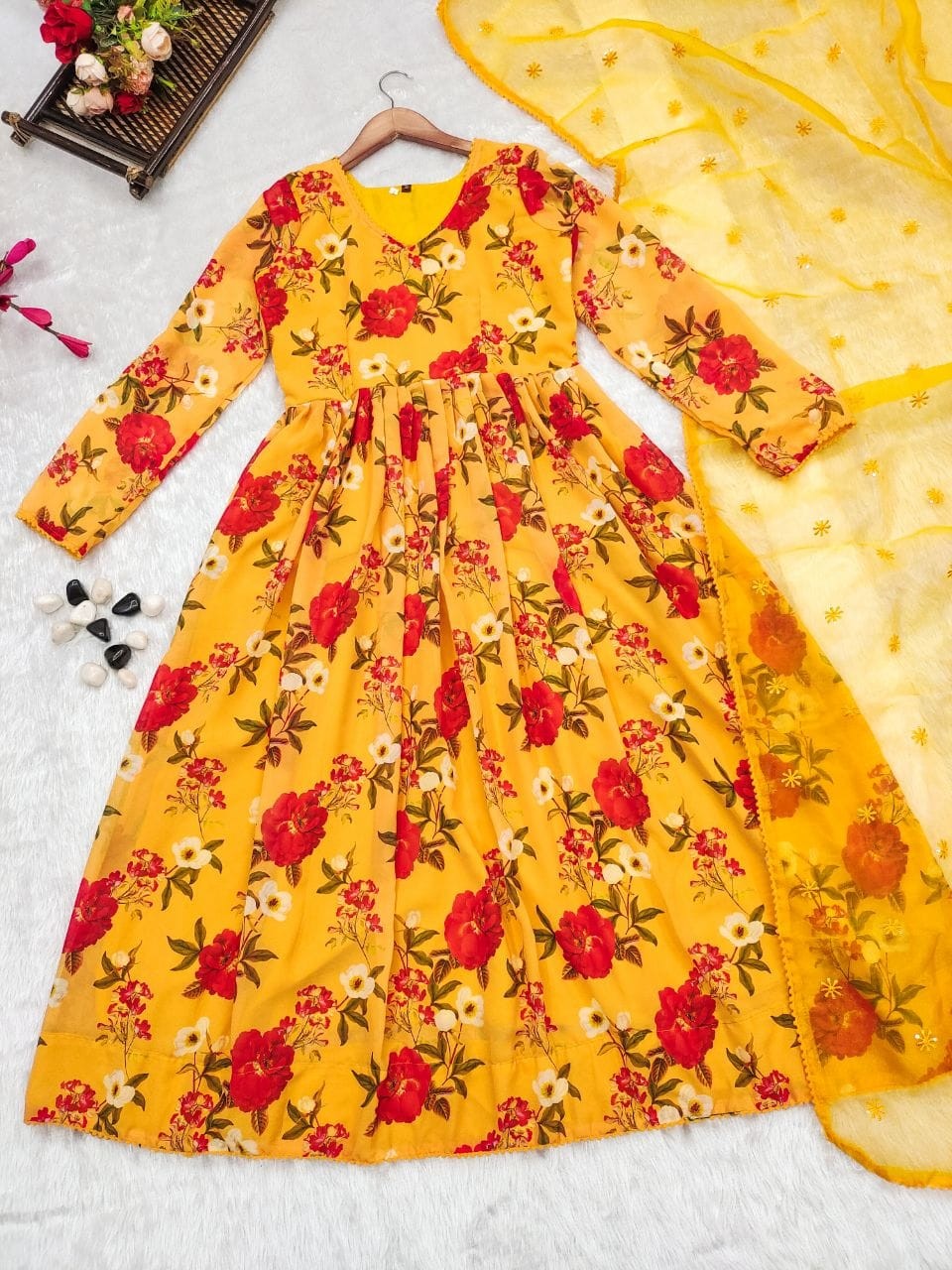 Yellow Floral Fox Georgette Gown with Dupatta
