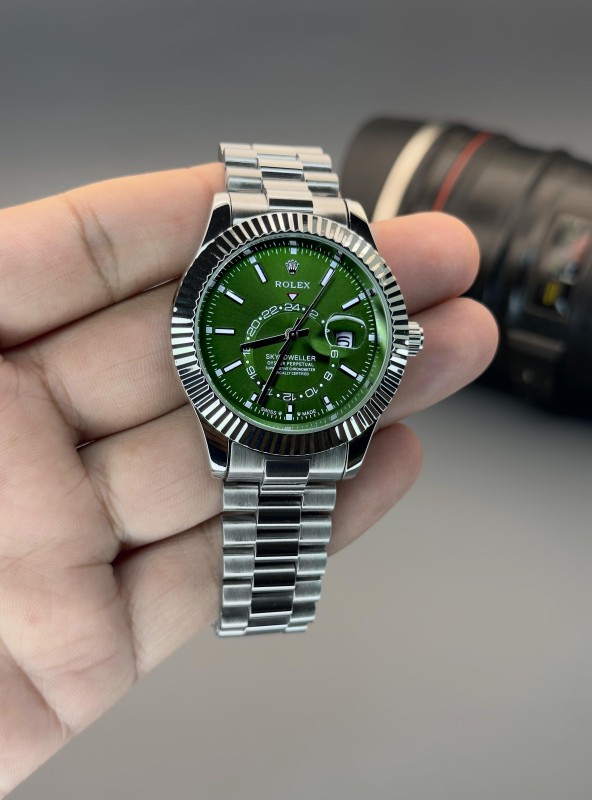 Rolex sky dweller full silver green watch