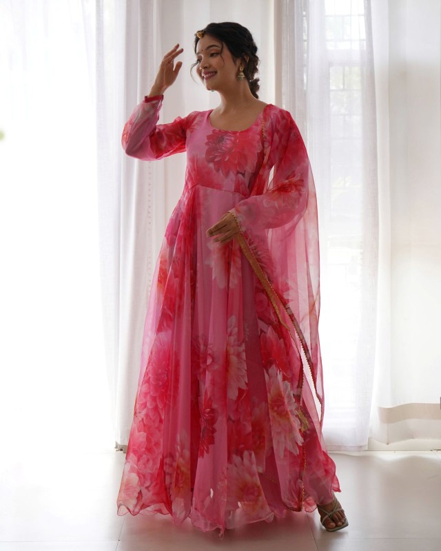 Party Wear Look Organza Taby Silk Gown With Dupatta ,