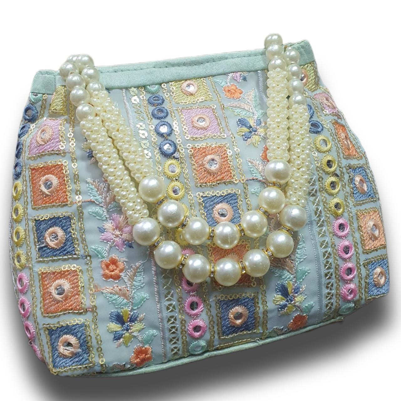 Embroidery work with Pearl Handle hand bag