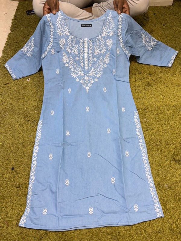 Denum kurti  With embroidered neck
