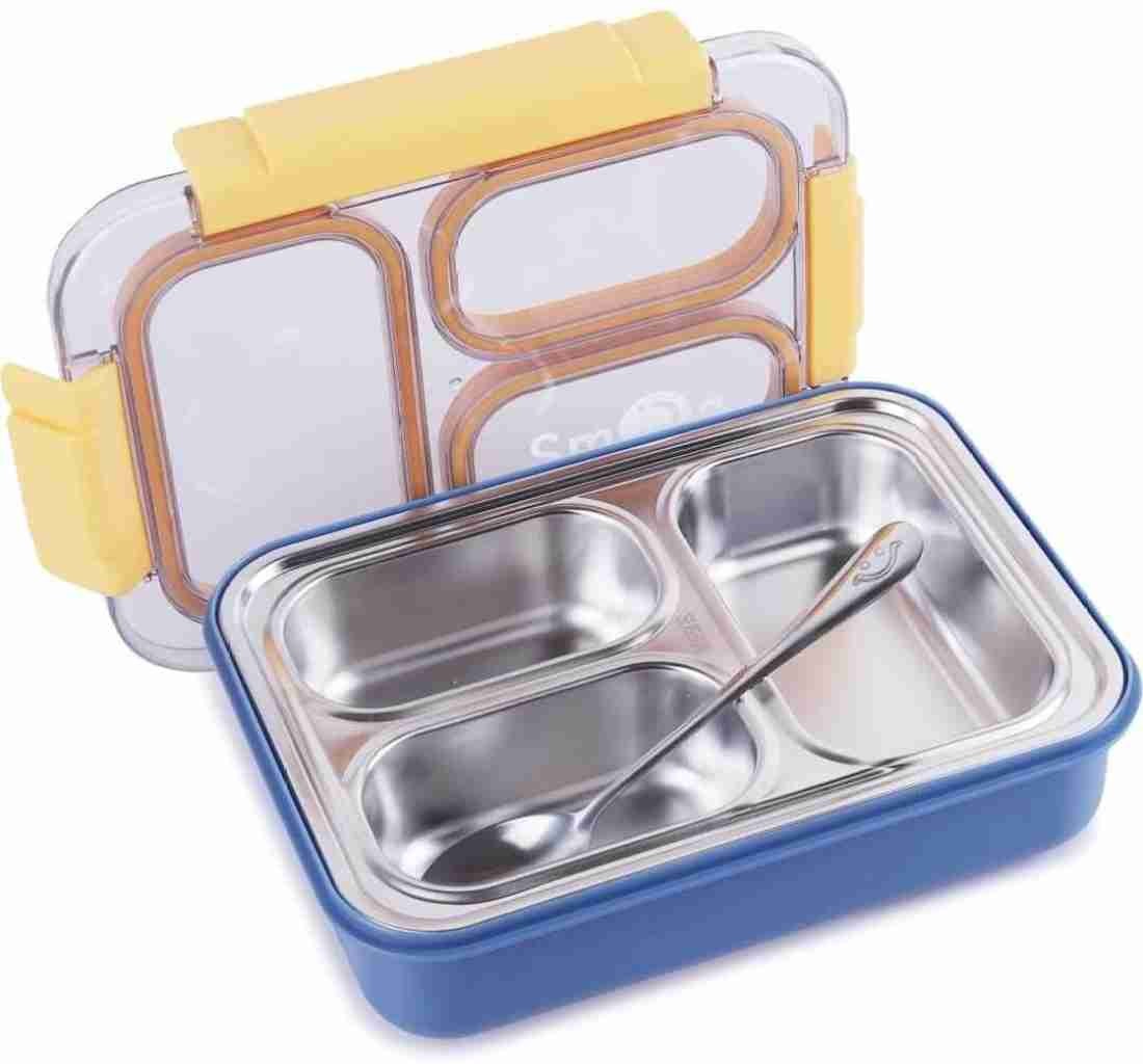 3 Partition Steel Lunch Box with 1 Spoon and 2 Choap Sticks