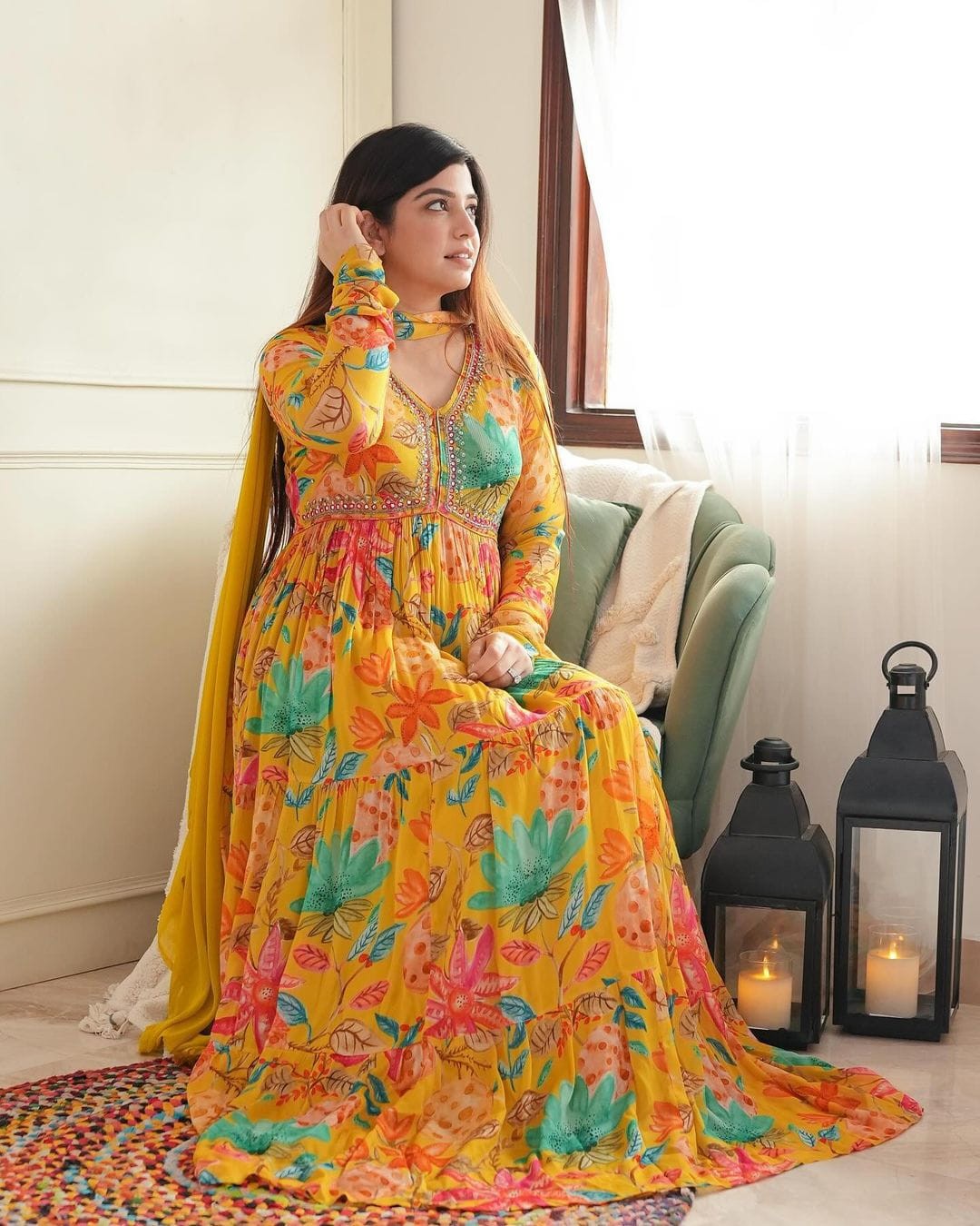 Gown matching pants and chiffon dupatta