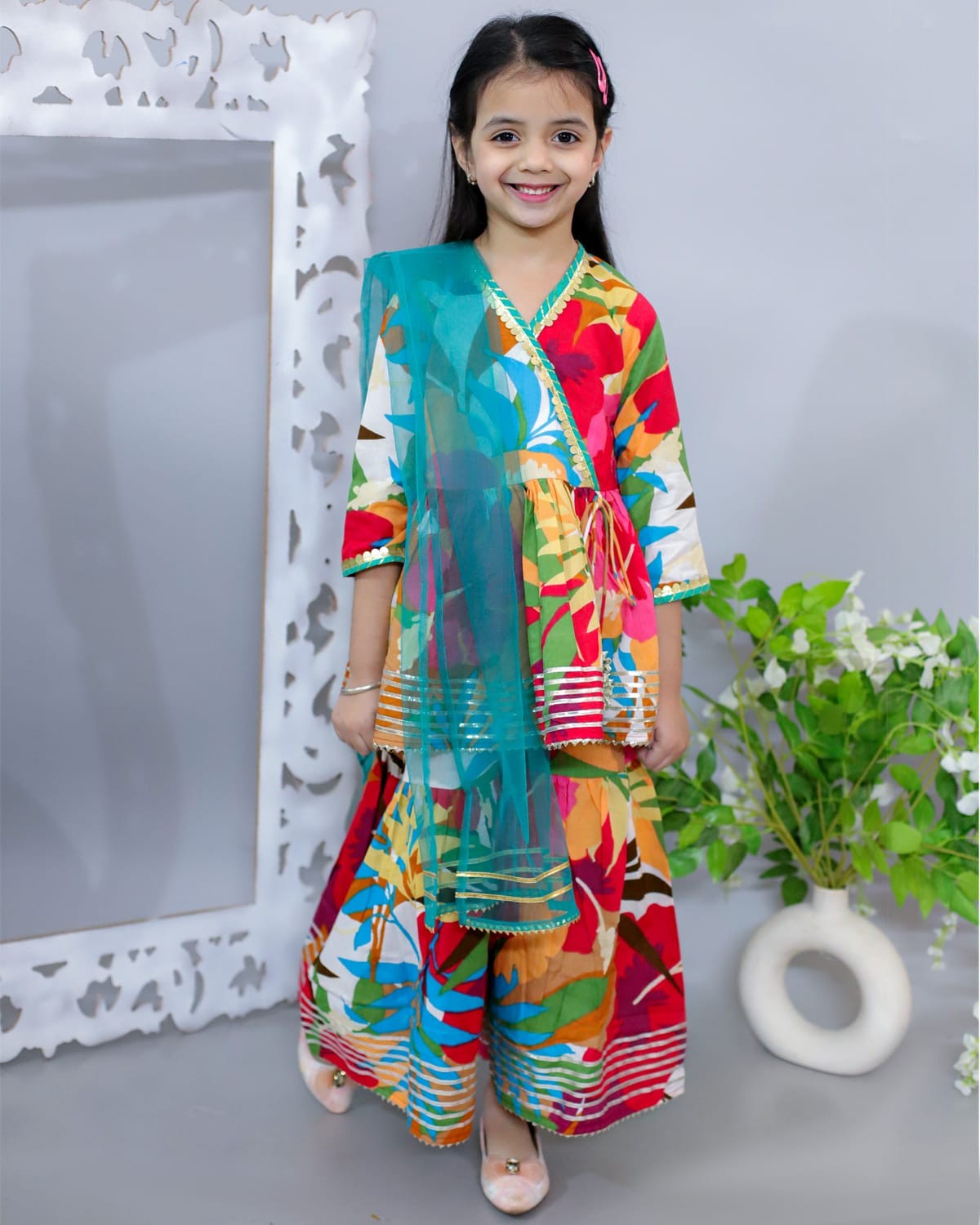 printed kurta with sharara and net duppata set