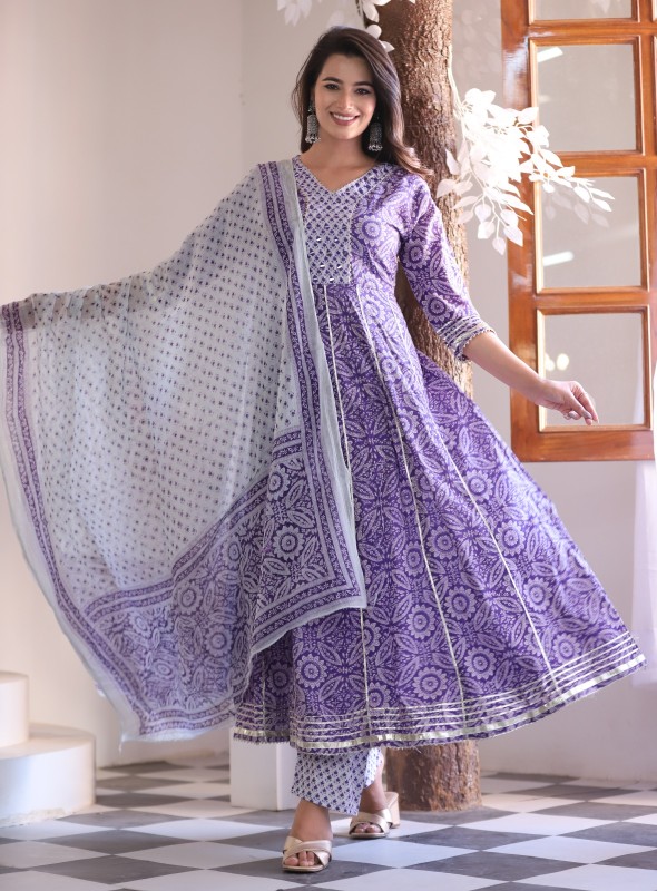 print anarkali style Kurta, pant dupatta set