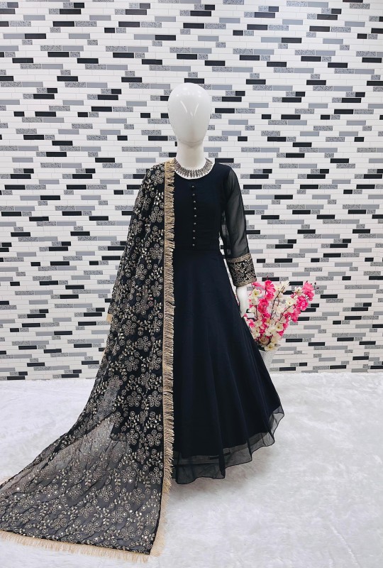 RANI AND BLACK GEORGETTE GOWN DUPPTA WITH PENT